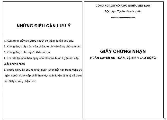 mặt ngoài giấy chứng nhận huấn luyện an toàn, vệ sinh lao động