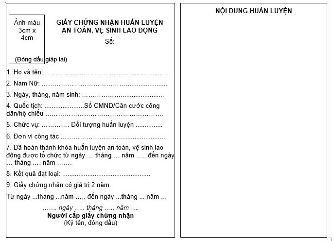 mặt trong giấy chứng nhận huấn luyện an toàn, vệ sinh an toàn lao động