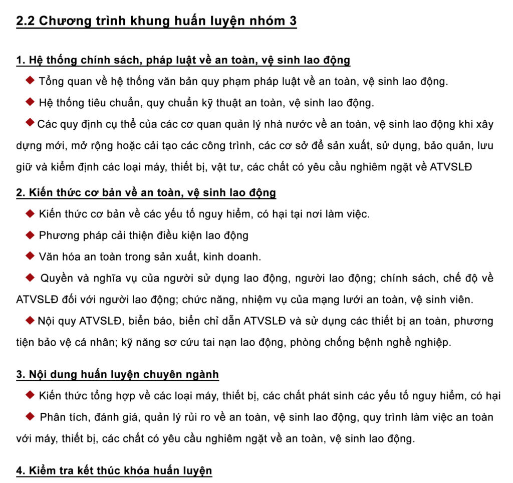 chương trình khung huấn luyện nhóm 3
