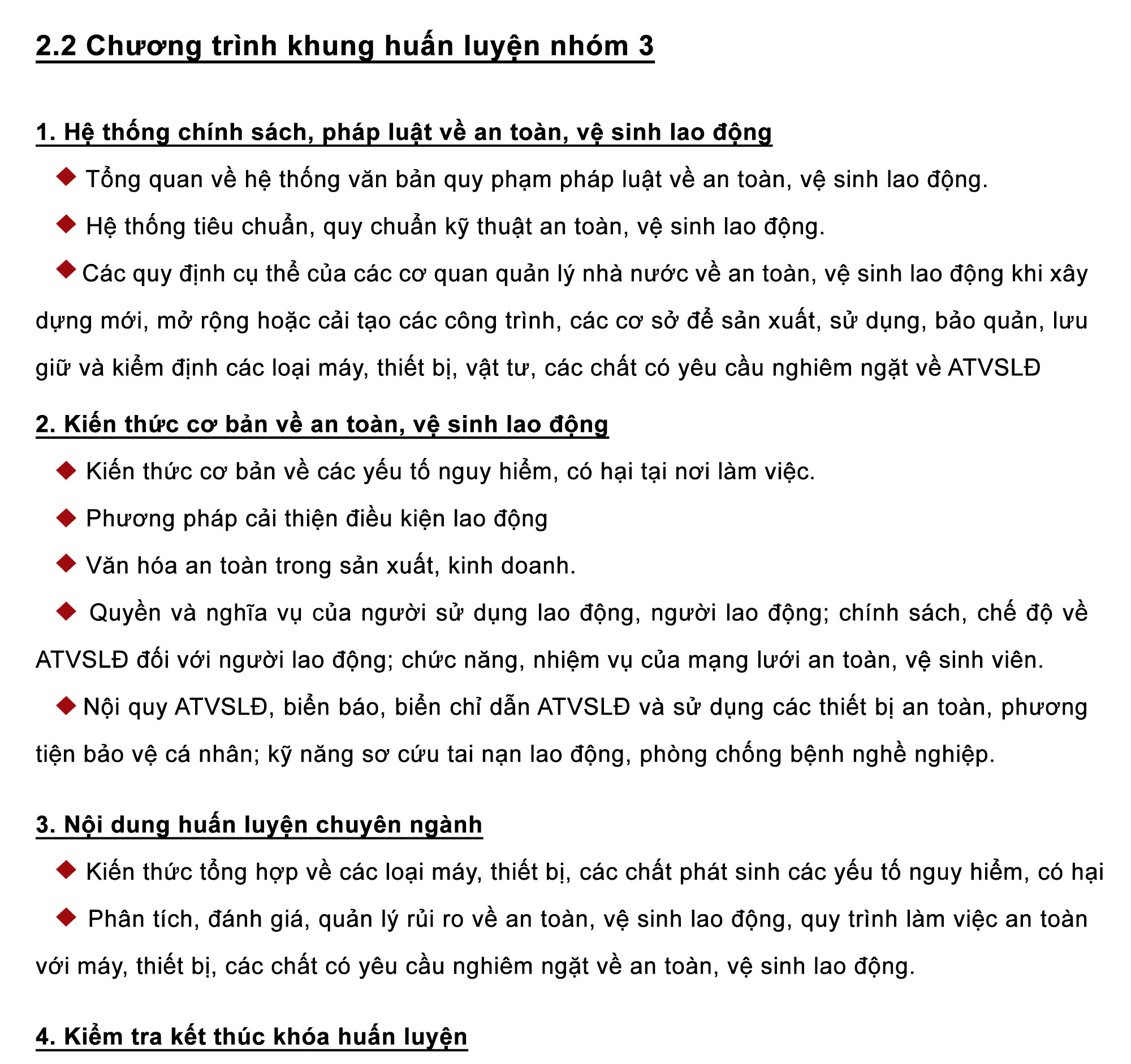 chương trình khung huấn luyện nhóm 3