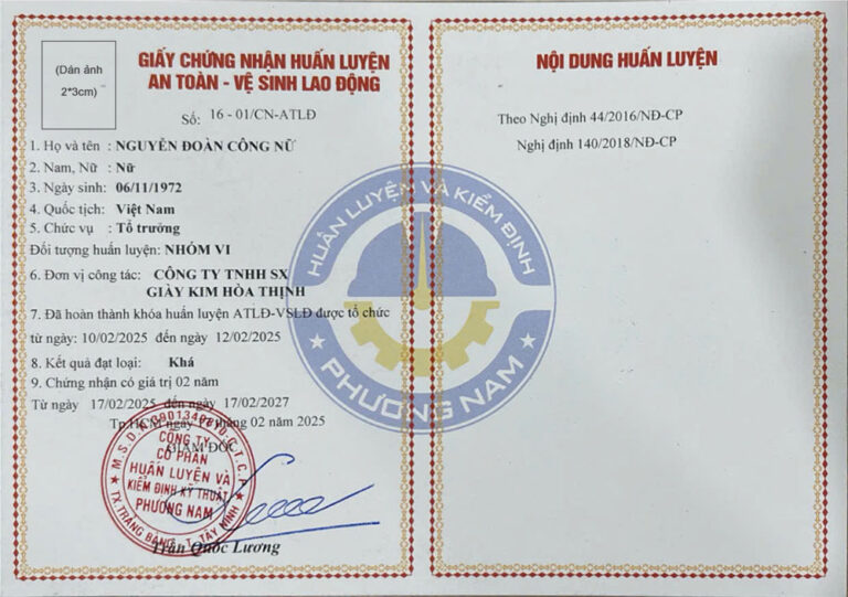 ảnh chứng nhận huấn luyện atvslđ