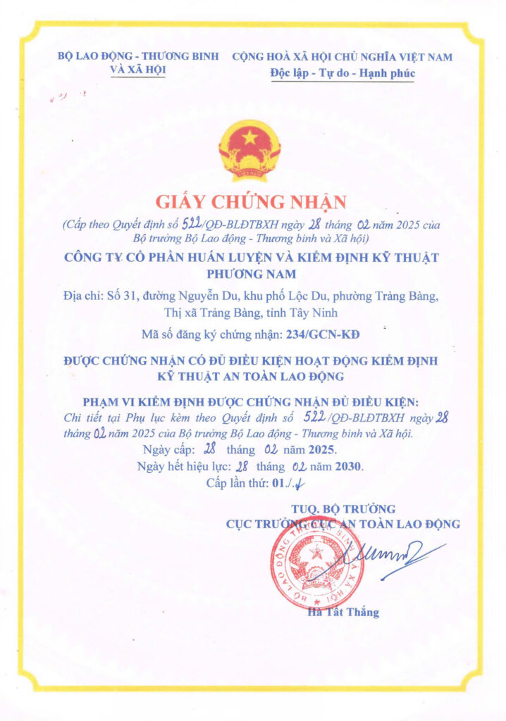 giấy chứng nhận đủ chức năng kiểm định - công ty phương nam
